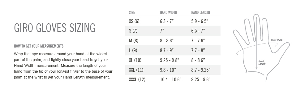 giro gloves size chart men hand measurements inch 