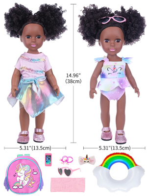 a black doll  backpack, hair clip band, sunglasses, swimming ring,  towel,  2 set clothes, phone