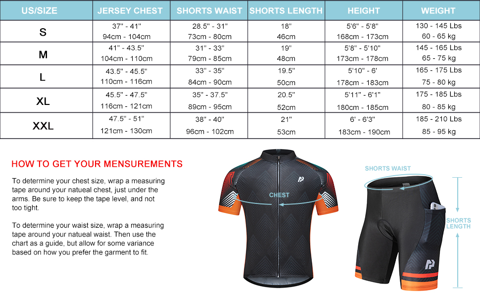 Cycling jersey set size charts