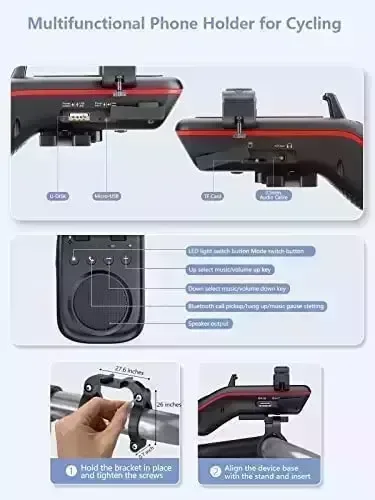 Weduda Bike Telephone Holder, Transportable Bluetooth Speaker with Microphone, LED Gentle and External Bicycle Bell, 5000mAh Electric power Bank, Multifunctional Bicycle Equipment for Grownup Street & Mountain Cycling