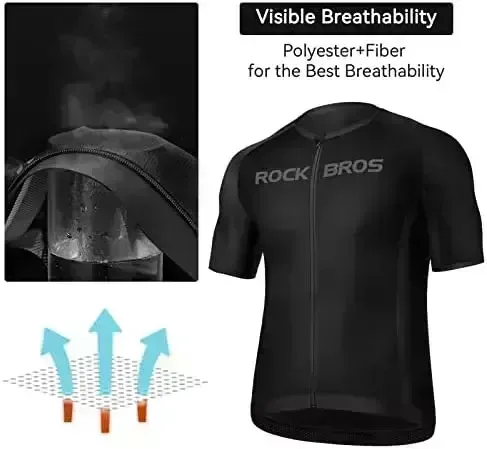 ROCKBROS Men’s Biking Jersey Dampness Wicking Biking Quick Sleeves Cooling Bike Fabric Biking Jacket with 3 Rear Pockets
