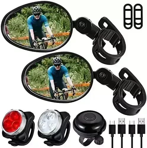 5 Pcs Bike Mirror 360 Degree Rotatable Handlebar Mirror Wide Angle Bicycle Mirror Rear View Mirror Convex Mirror, USB Rechargeable Bike Light Front Headlight and Rear LED Bicycle Light Bike Bell