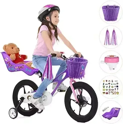 HESTYA Doll Bicycle Seat with 30 Pieces Stickers Decals, Bicycle Basket for Children, Bicycle Handlebar Streamers Colourful Ribbons Tassel for Ladies Boys, Flower Bike Bell for Children Bike Extras