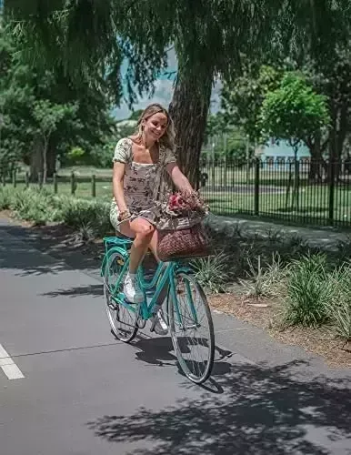WARNERS WHEELS Bike Basket for Women’s Cruiser with Coffee Cup Holder, Handmade Woven Bicycle Baskets mounts to Entrance Handlebars of Beach Cruisers or Scooters with Vegan Leather-based Straps