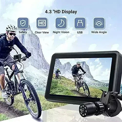 FEISIKE Handlebar Bicycle Mirror, Bicycle Rear See camera with 4.3” High definition Night Eyesight Operate, 145° Extensive Angle See, Adjustable Rotatable Bracket, Appropriate with Bicycle, Mountain, Street Bicycle