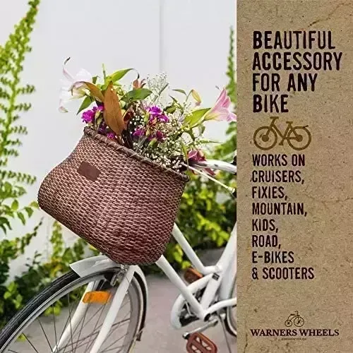 WARNERS WHEELS Bike Basket for Women’s Cruiser with Coffee Cup Holder, Handmade Woven Bicycle Baskets mounts to Entrance Handlebars of Beach Cruisers or Scooters with Vegan Leather-based Straps