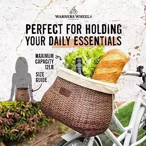 WARNERS WHEELS Bike Basket for Women’s Cruiser with Coffee Cup Holder, Handmade Woven Bicycle Baskets mounts to Entrance Handlebars of Beach Cruisers or Scooters with Vegan Leather-based Straps