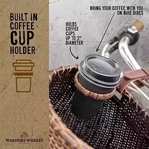 WARNERS WHEELS Bike Basket for Women’s Cruiser with Coffee Cup Holder, Handmade Woven Bicycle Baskets mounts to Entrance Handlebars of Beach Cruisers or Scooters with Vegan Leather-based Straps