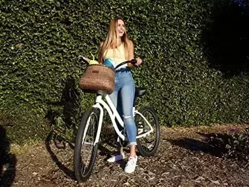 WARNERS WHEELS Bike Basket for Women’s Cruiser with Coffee Cup Holder, Handmade Woven Bicycle Baskets mounts to Entrance Handlebars of Beach Cruisers or Scooters with Vegan Leather-based Straps