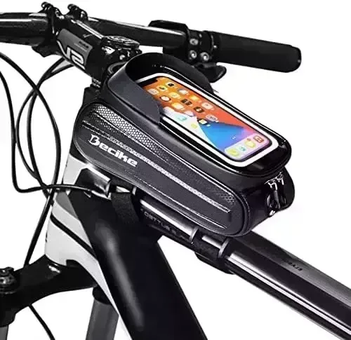 Bike Bag, Bike Phone Front Frame Bag Waterproof Bicycle Bag, Bike Phone Mount Bag, Top Tube Handlebar Bag with Touch Screen Holder Case Cycling Accessories for Mountain Road Bike