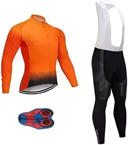 Men Cycling Jersey Set Long Sleeve Pro Cycling Clothes Riding Quick Dry Jacket + Cycling Bib with 9D Pad - Bike Clothing Kit