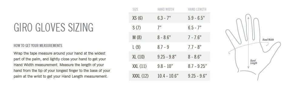 giro sizing sizes gloves xs s m l xl xxl xxxl small medium large hand measurements