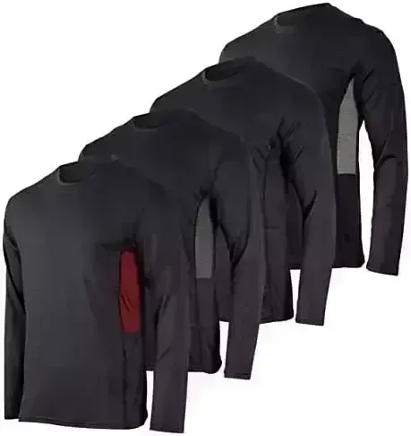 4 Pack: Men's Dry-Fit Moisture Wicking Performance Long Sleeve T-Shirt, UV Sun Protection Outdoor Active Athletic Crew Top
