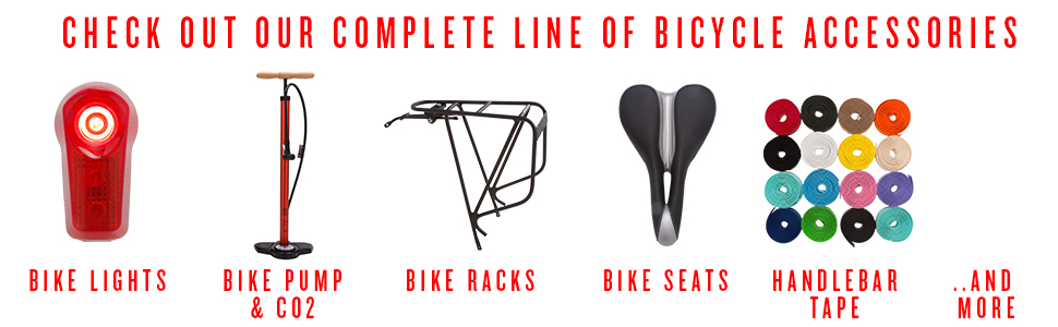 bike lights, bike pump and c02, bike racks, bike seats, handlebar tape,
